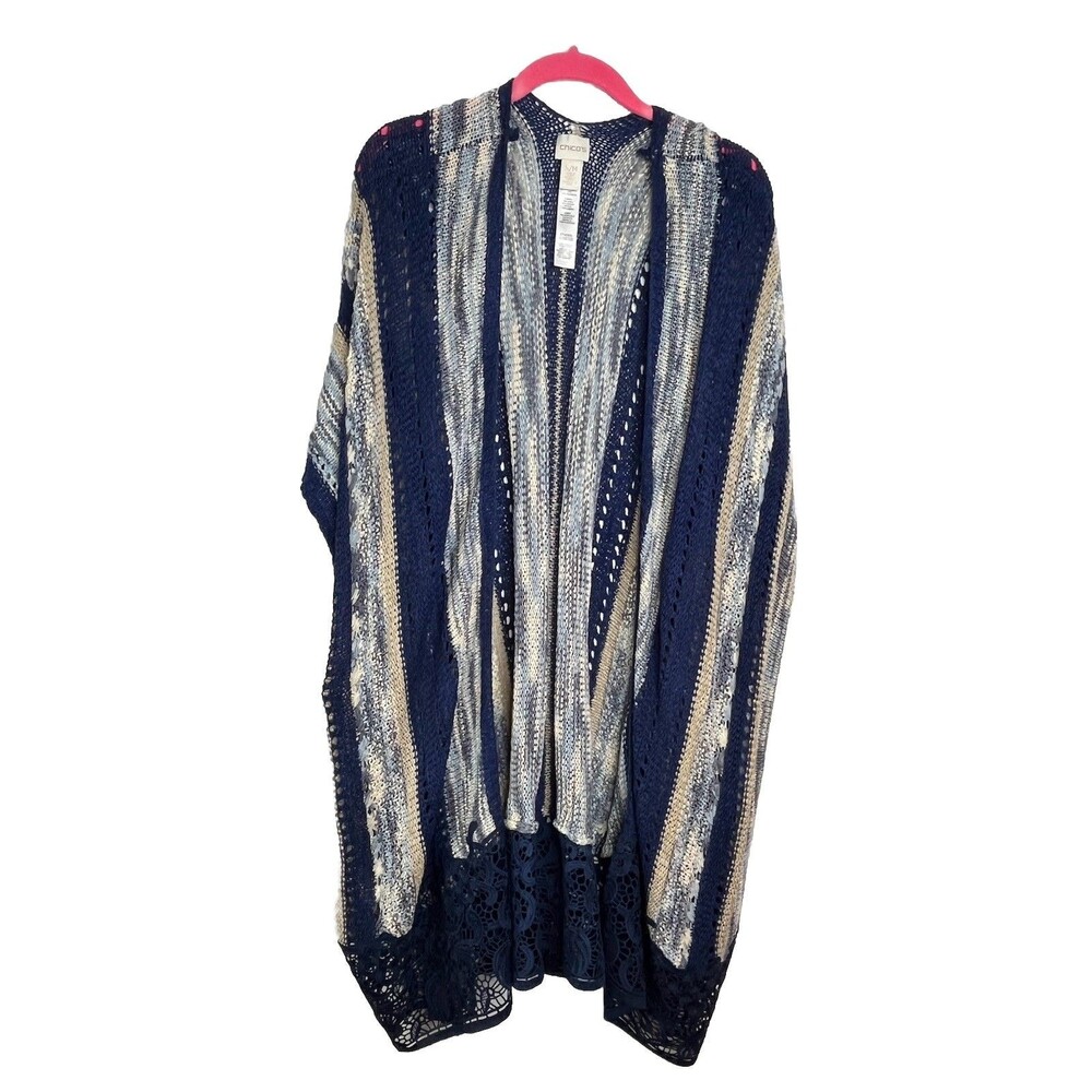 Chicos Ocean Waves Boho Knit VTG Inspired Kimono Sweater S M Gypsy Cover Up Blue